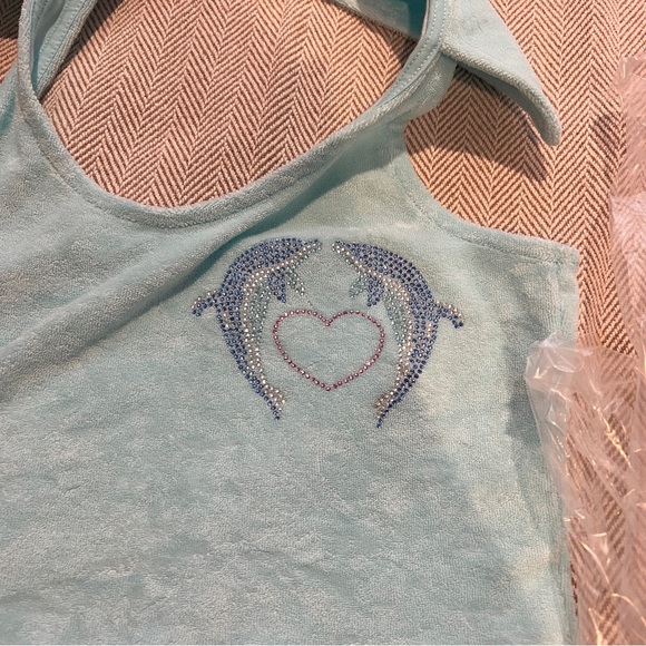 ASYOU Terrycloth Mini Skirt + Halter Crop with Dolphin Graphic Hot Fix in Blue - Picture 14 of 16